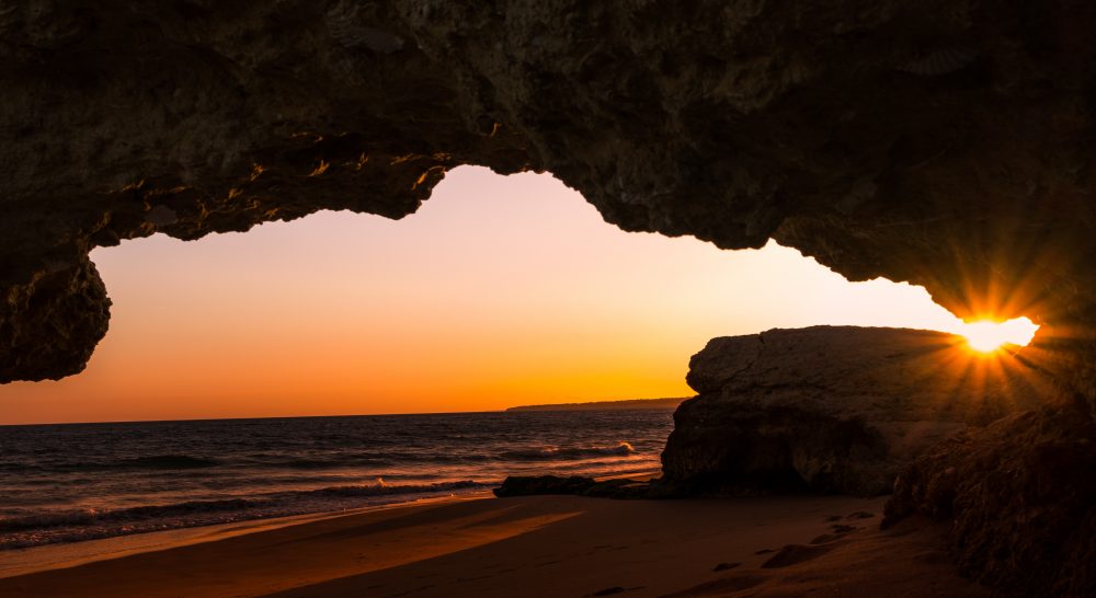 sunset on the beach on the algarve in Winter