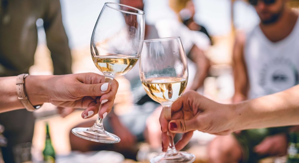 a couple holding wine glasses filled with white wine during a wine tasting experience